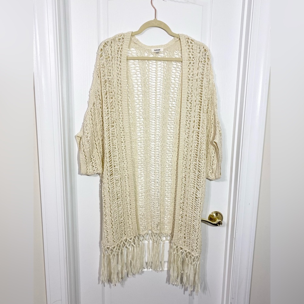 Garage Open Knit Fringe Longline Kimono Cardigan Cream Size XS / S